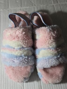 Kids Ugg Plush Pastel Rainbow Slippers - Pink